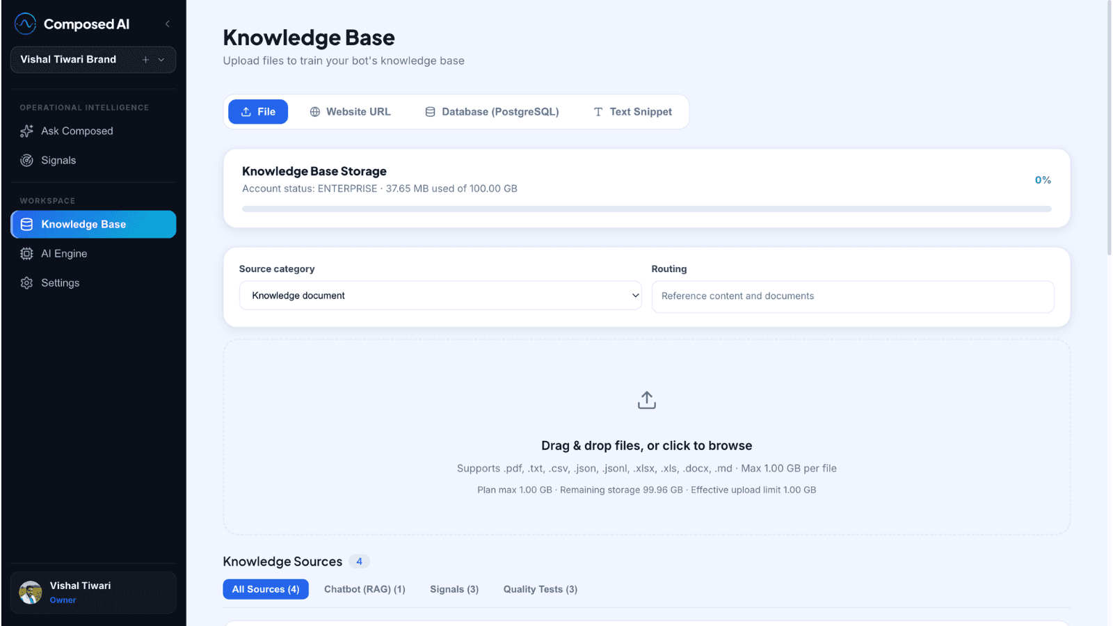 Composed AI Knowledge Base Data Connector interface showing connected sources and sync statuses